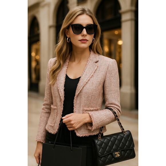 Rebecca Taylor Pink Tweed Fringe Trim Blazer Jacket Women’s Size 10 - Picture 1 of 12